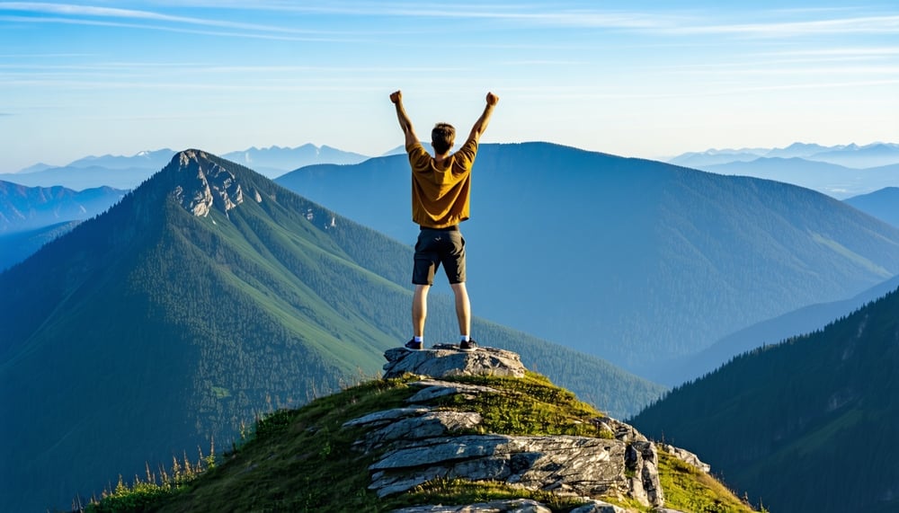 Confident man standing on a mountain peak, arms raised in victory